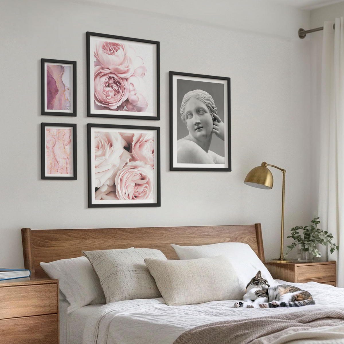 BILDER SET 5er Set - 50x50 cm & 20x30 cm & 40x60 cm Schwarzer Rahmen - Pfingstrosenskulptur einer Frau - Schwarz, Kunststoff (40/60cm) - TULUP