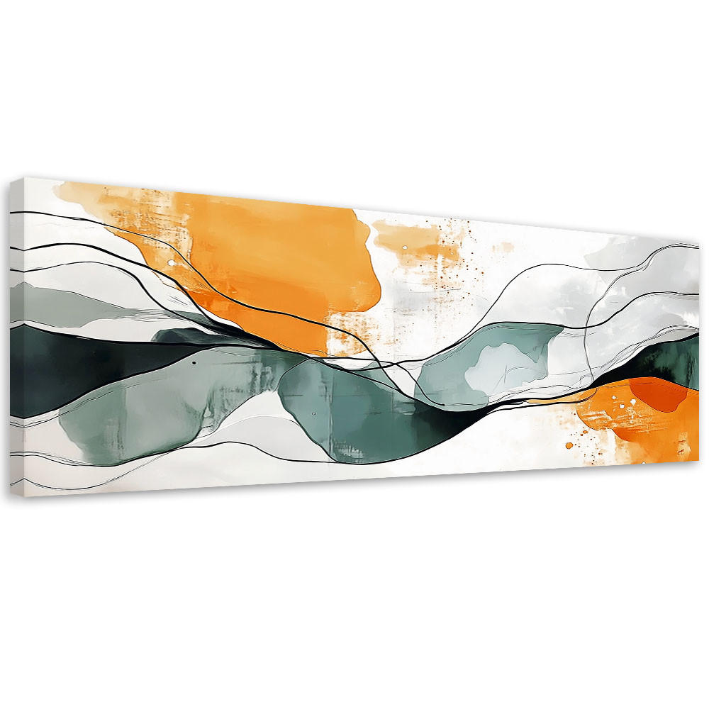 LEINWANDBILD Abstrakt Linien Flecken Orange Türkis Minimalismus 120x40cm - Orange, Textil (120/40cm) - Feeby
