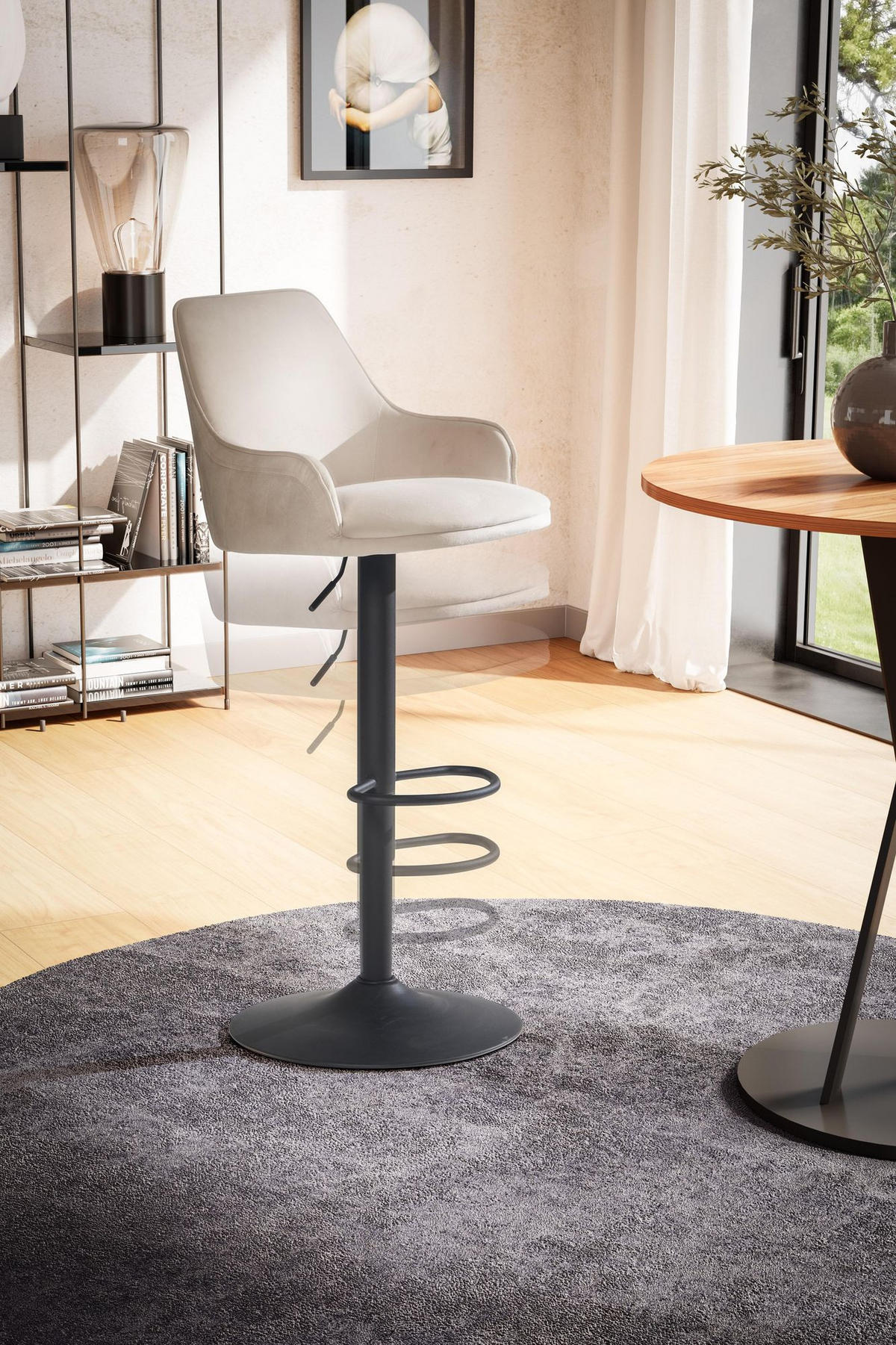BARHOCKER Samt Lehne Höhenverstellbar Trompetenfuß Armlehne Gepolstert, Beige 45x45x106 cm - Beige/Schwarz, Textil/Metall (45/106/45cm) - KADIMA DESIGN