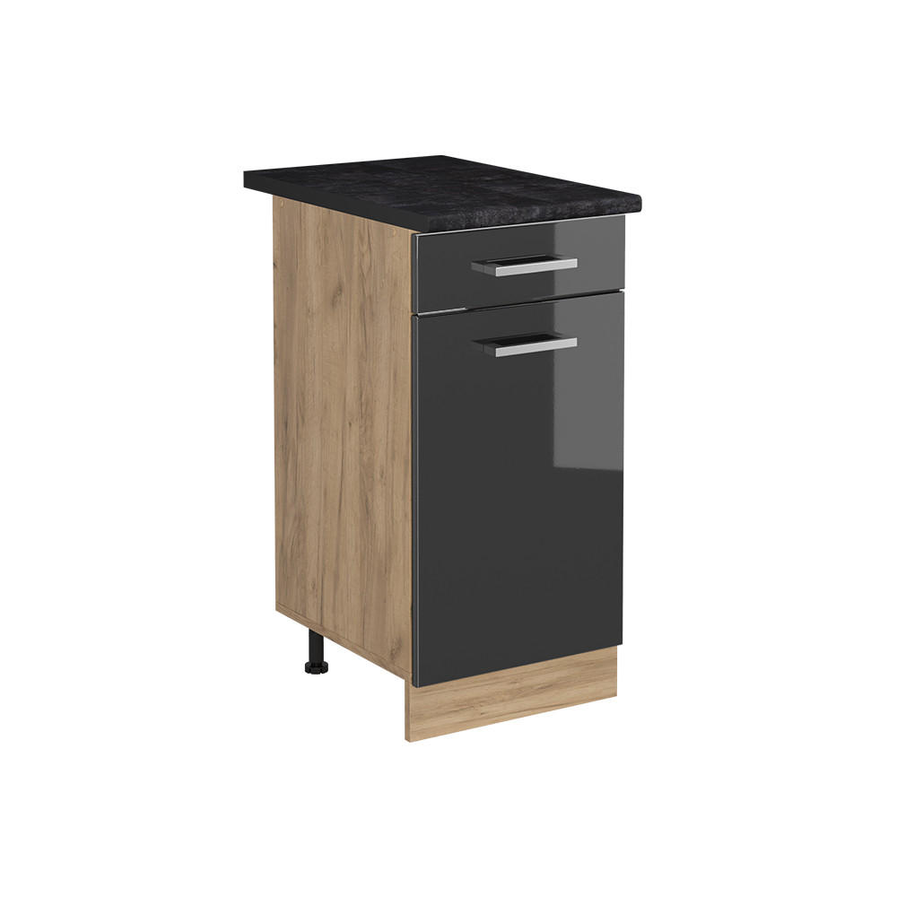 KÖKSUNDERSKÅP R-Line, Antracit högblank/Goldkraft ek, 40 cm antracitas stalviršis Svart högglans, Honungsek 81.6/40/60 cm