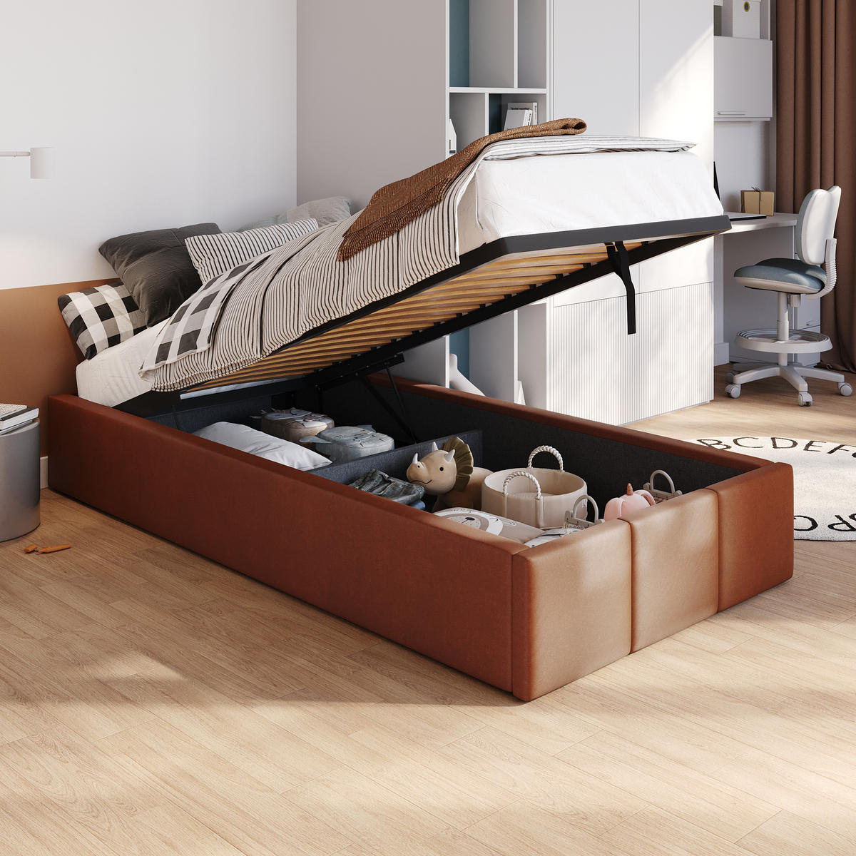 POLSTERBETT für Schlafzimmer Bett mit Stauraum Honigfarbe 90x200cm - Orange/Braun, Holzwerkstoff/Textil (90/200cm) - Muralo