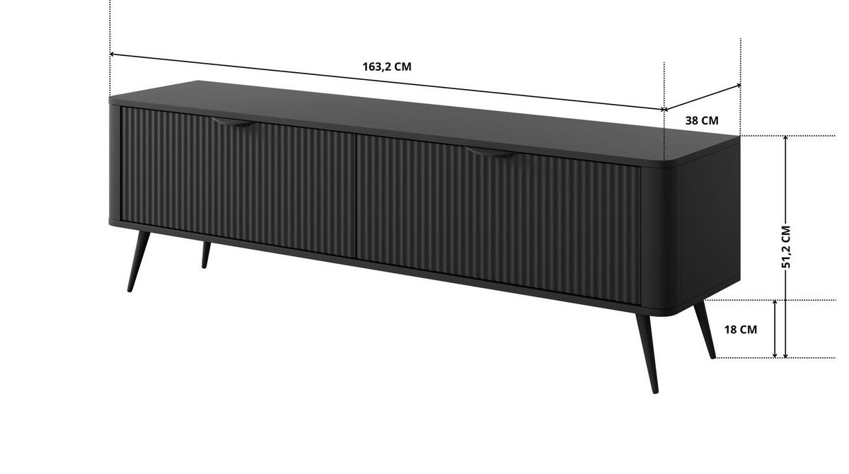 TV-LOWBOARD Flore 163 cm Schwarz - mit geriffelten Fronten - 2 Türen - Schwarz, Holz/Holzwerkstoff (163/51/38cm) - Ravio