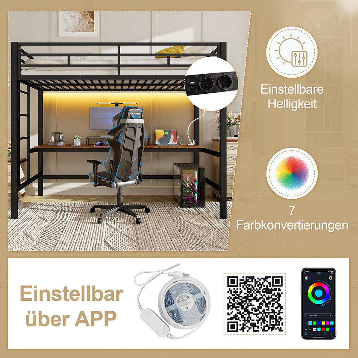 HOCHBETT 90x200cm mit mit USB und Steckdose，Schwarz - Schwarz, Metall (90/200cm) - KOMHTOM