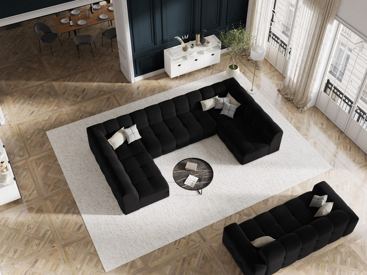 PANORAMASOFA Kendal aus Samt schwarz 7 Sitzplätze - Schwarz, Textil (203/79/372cm) - Micadoni