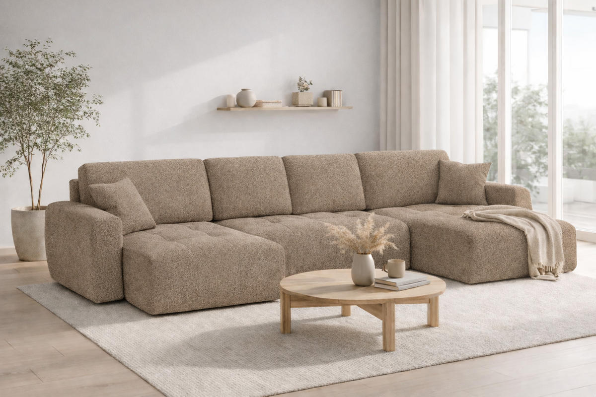 ECKSOFA Mit Schlaffunktion Und Bettkasten U-Form Ivo U, Chenillestoff Artico, Beige - Beige, Holz (342/142cm) - Kaiser Möbel