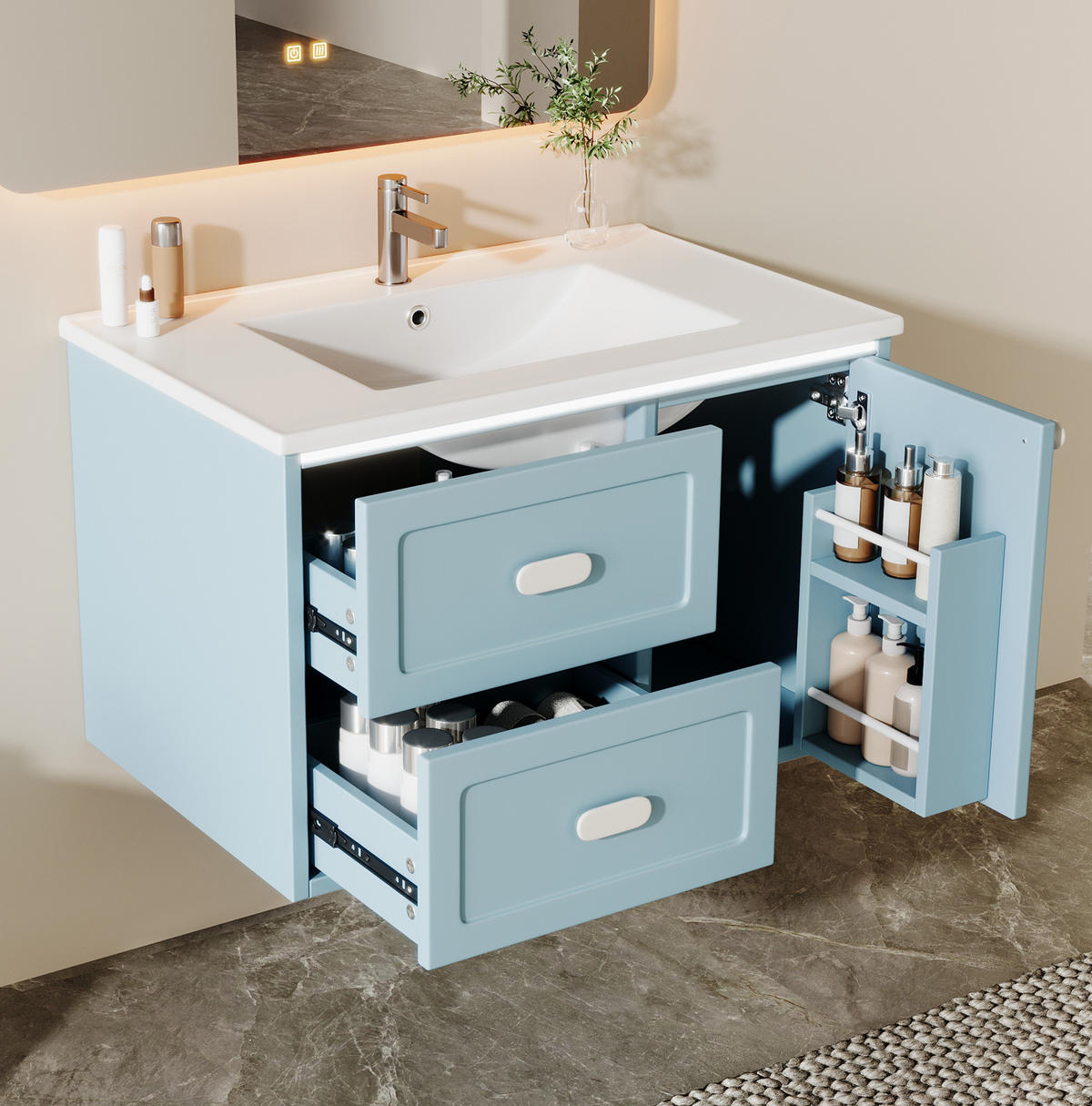 BADEZIMMER-HÄNGESCHRANK 76x46x51 cm Blau aus Keramik & Spanplatte mit Radar-Sensor-LED & 2 Schubladen - Blau, Holzwerkstoff (76/51/46cm) - Modfu