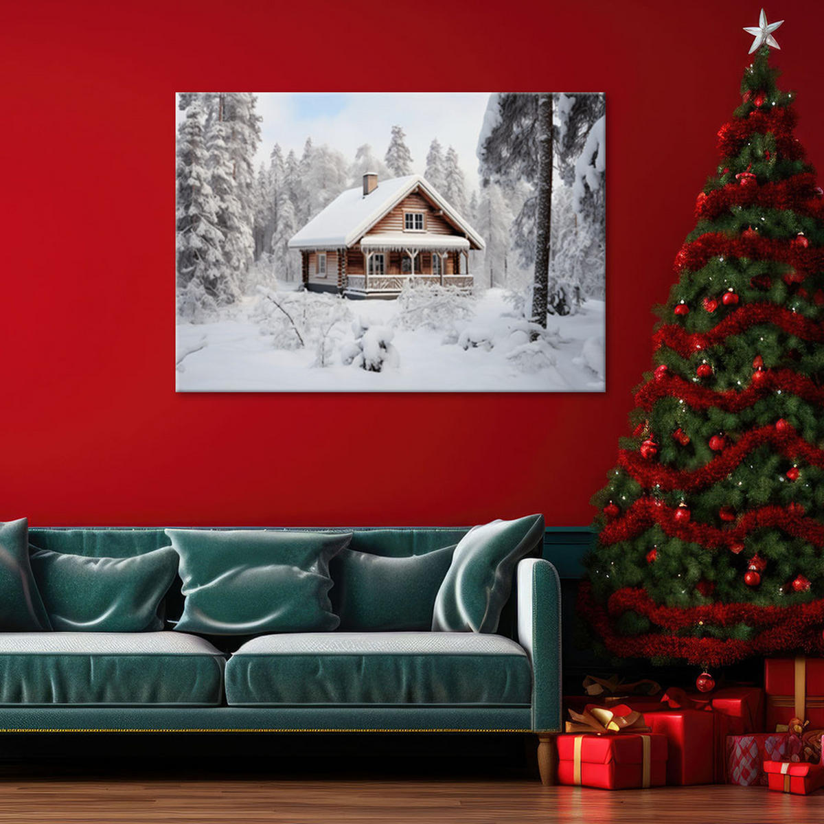 WANDBILD hütte im wald winter - Weiß, Textil (60/40cm) - Feeby