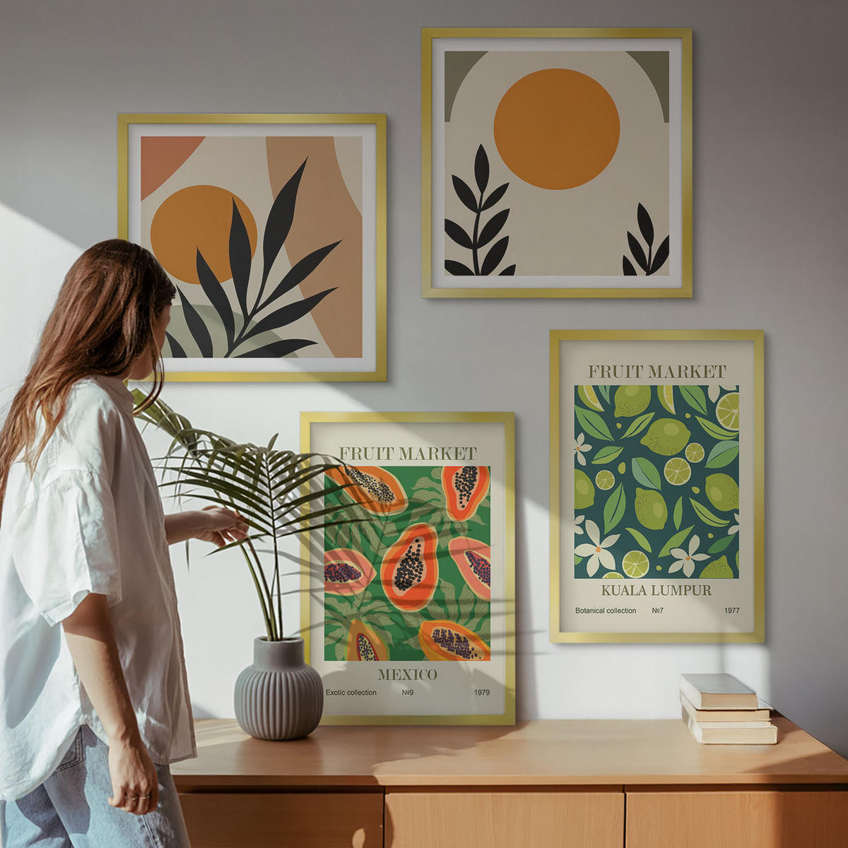 BILDER SET 4er Set - 50x50 cm & 40x60 cm Goldrahmen - Boho-Papaya-Fruchtmuster - Goldfarben, Kunststoff (50/50cm) - TULUP