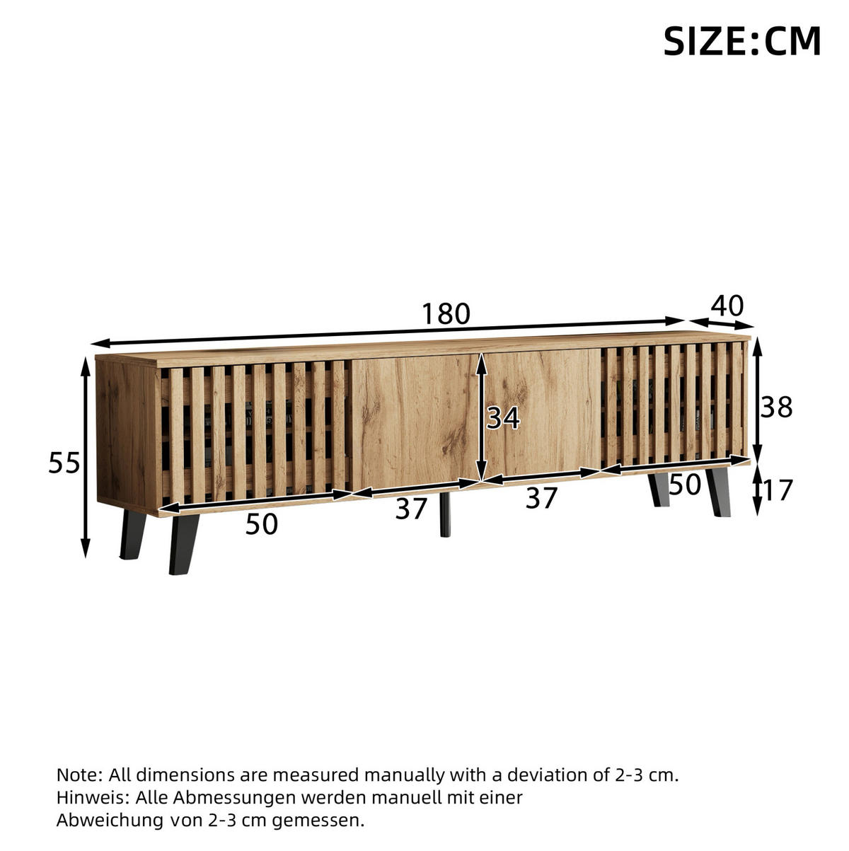 LOWBOARD 180/40/55 cm aus Spanplatte mit 8 Ablagefächern Natur - Hellbraun, Holzwerkstoff (180/55/40cm) - Modenvie