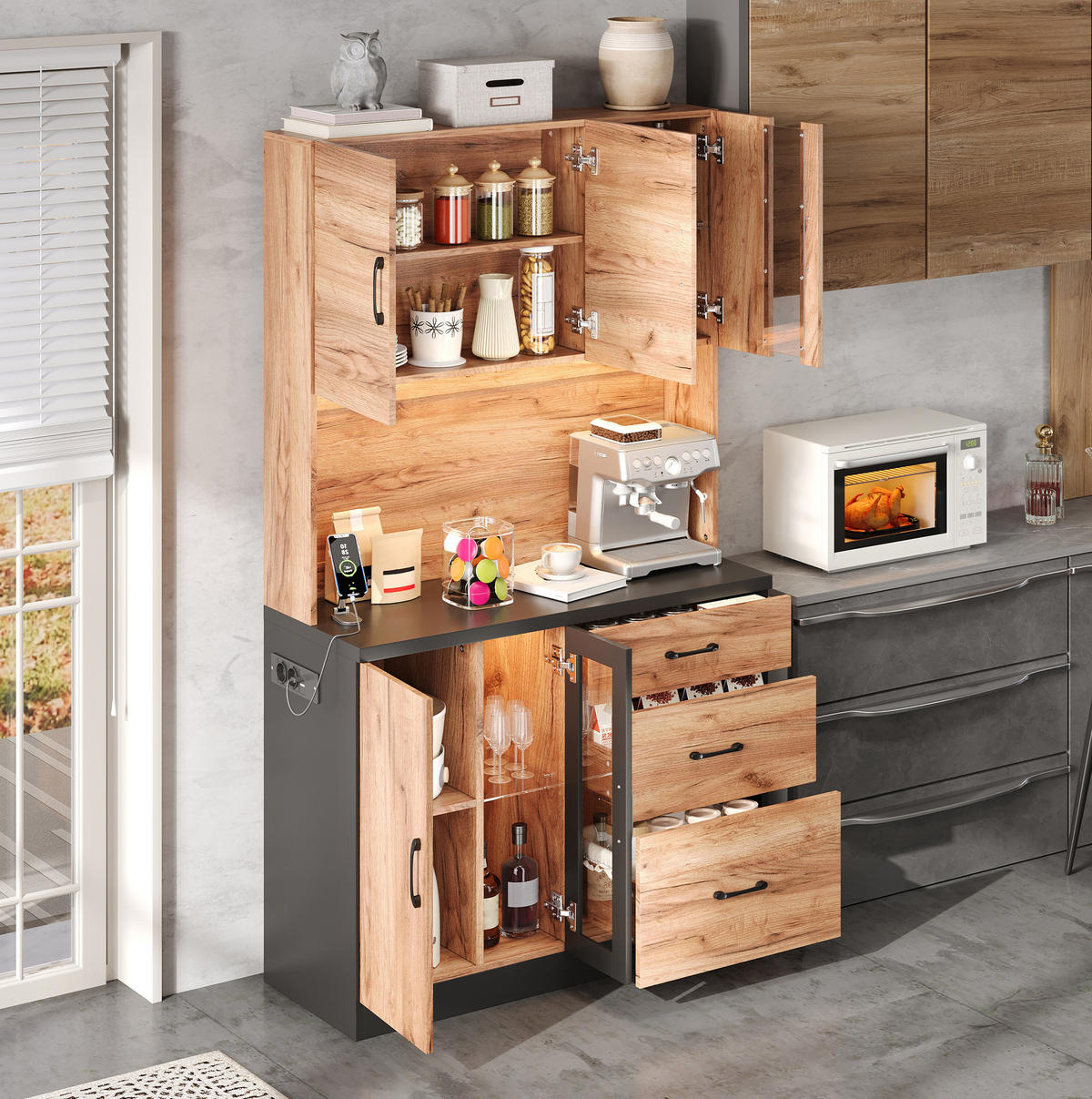 BUFFETSCHRANK 105/40/180 cm mit LED-Beleuchtung, Steckdose, verstellbaren Einlegeböden aus MDF, Neutral - Naturfarben, Holzwerkstoff (105/180/40cm) - Redom
