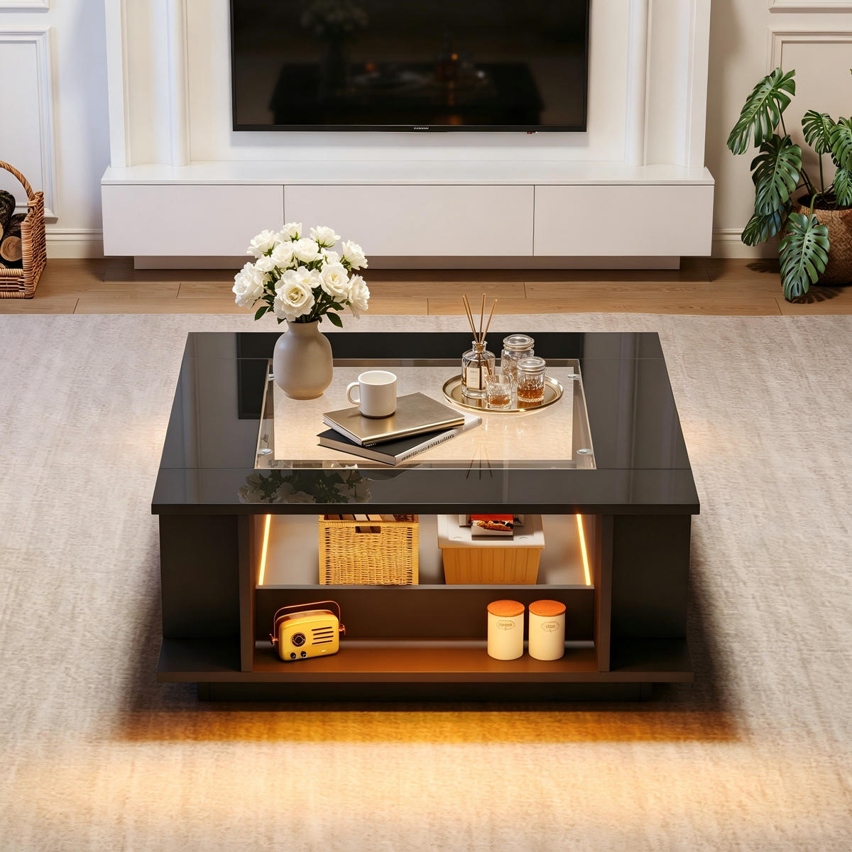 COUCHTISCH in Schwarz mit Glasplatte und LED-Beleuchtung für Wohnzimmer, B70/T70/H30 cm - Schwarz, Glas/Holzwerkstoff (70/70/30cm) - STILVORA
