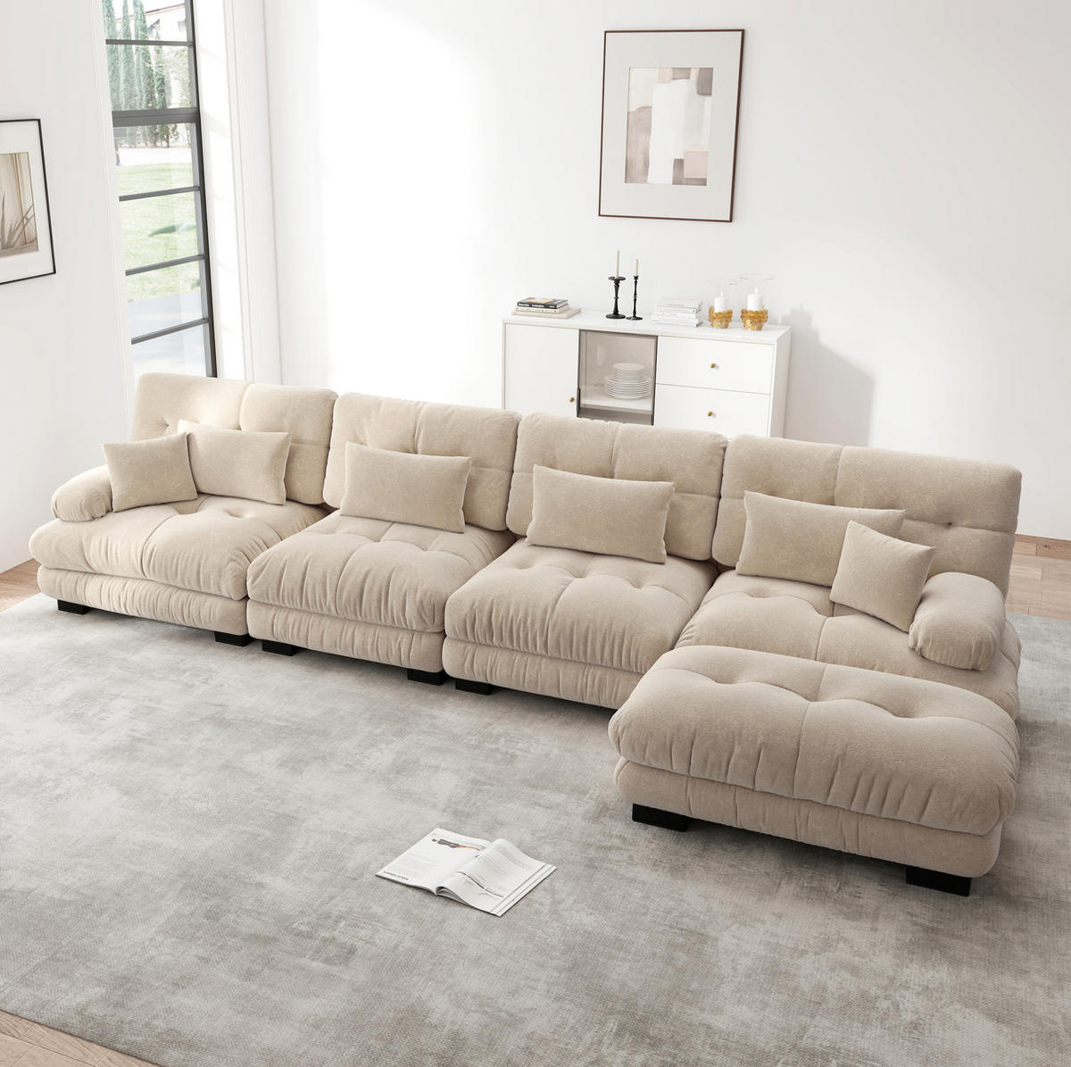 ECKSOFA mit modularem Design, beweglichem Ottoman und Chenille-Bezug, Hellkaffee - Cappuccino, Textil (406/145cm) - Redom
