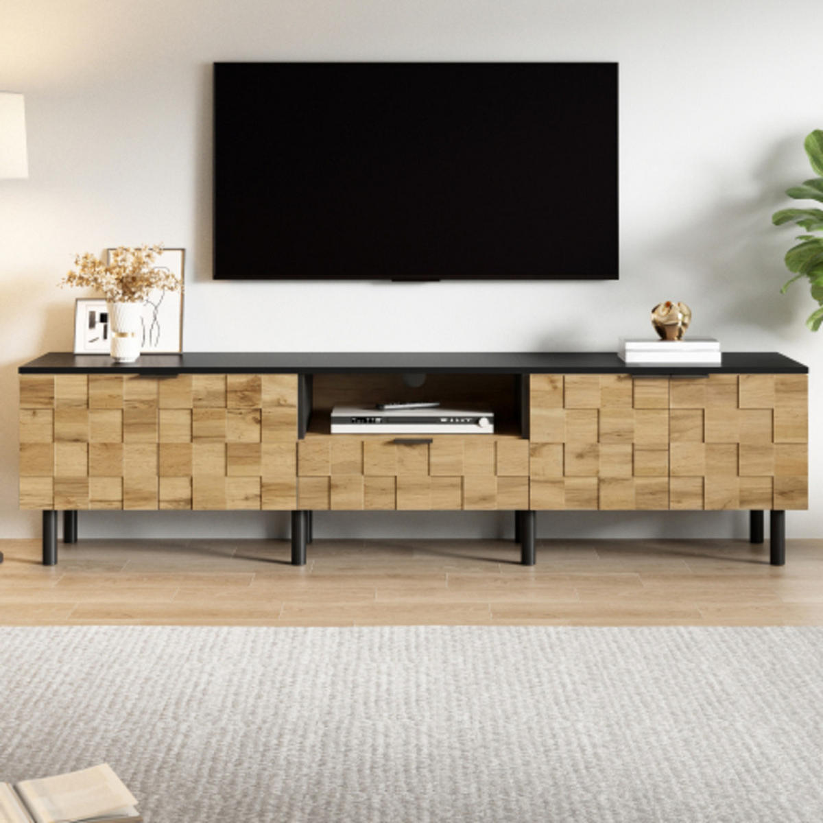 LOWBOARD mit Mosaiktüren natur-schwarz 170×35×44,5 cm aus Spanplatte - Naturfarben, Holzwerkstoff (170/44.5/35cm) - Luhomfu