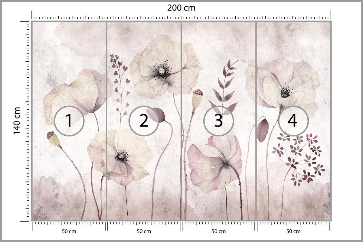 FOTOTAPETE für Schlafzimmer Zarte Mohnblumen Wiese Blumen 200x140 - Violett, Papier (200/140cm) - Muralo