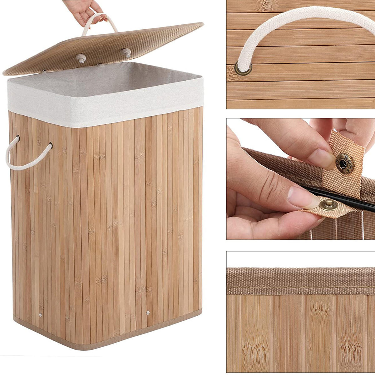 FALTBARER Wäschekorb aus Bambus mit 3 Griffen, 72L - L40 cm x H60 cm - Braun, Holz (30/60/40cm) - Calicosy