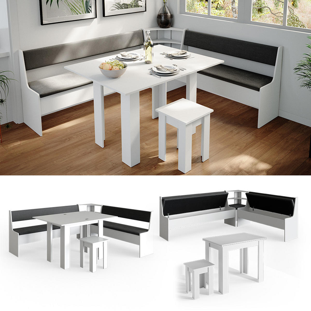 ECKBANKGRUPPE Roman Weiß 210 x 41.5 cm mit Tisch - Anthrazit/Weiß, Holzwerkstoff (210/80/180cm) - Vicco