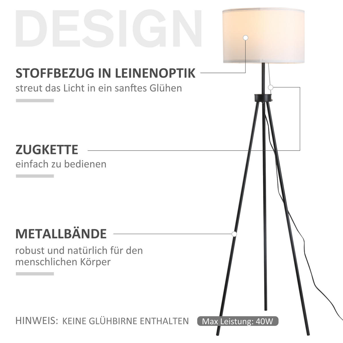 STEHLEUCHTE Stehlampe 37x37x152cm Dreibein-Stativ E27-Fassung Fußschalter Schwarz-Weiß - Schwarz, Metall (37/152/152cm) - Raelunyi