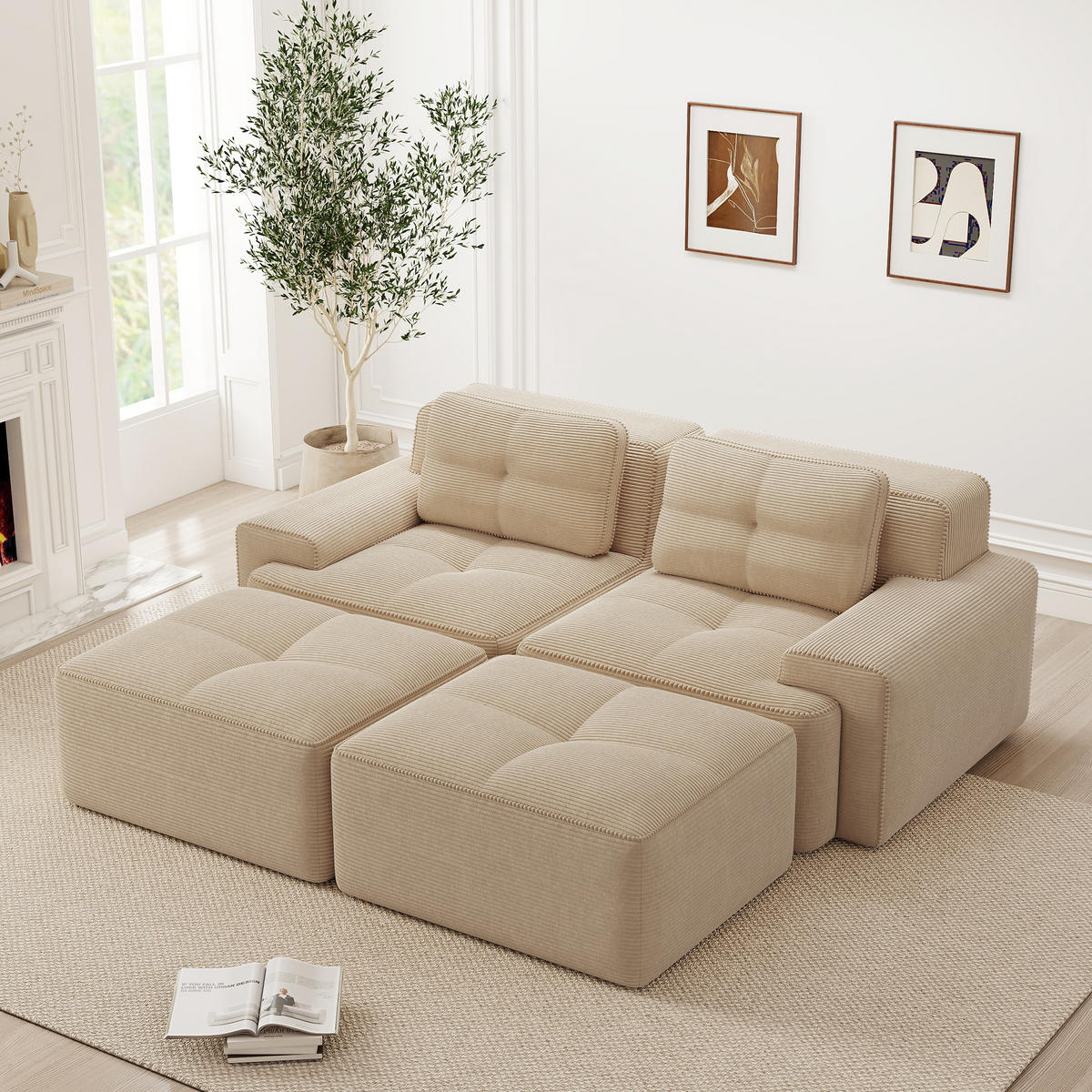 2-SITZER SOFA Cord Beige mit Ottomane - Beige, Textil (204/69/177cm) - WISHDOR