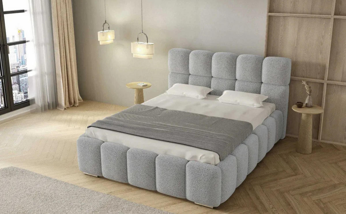 POLSTERBETT LUNA mit Kopfteil, 140 x 200 cm, Doppelbett mit Bettkasten und Lattenrost aus Metall, Boucle Stoff: Grau - Grau, Holz/Textil (140/200cm) - Agmat-Furniture