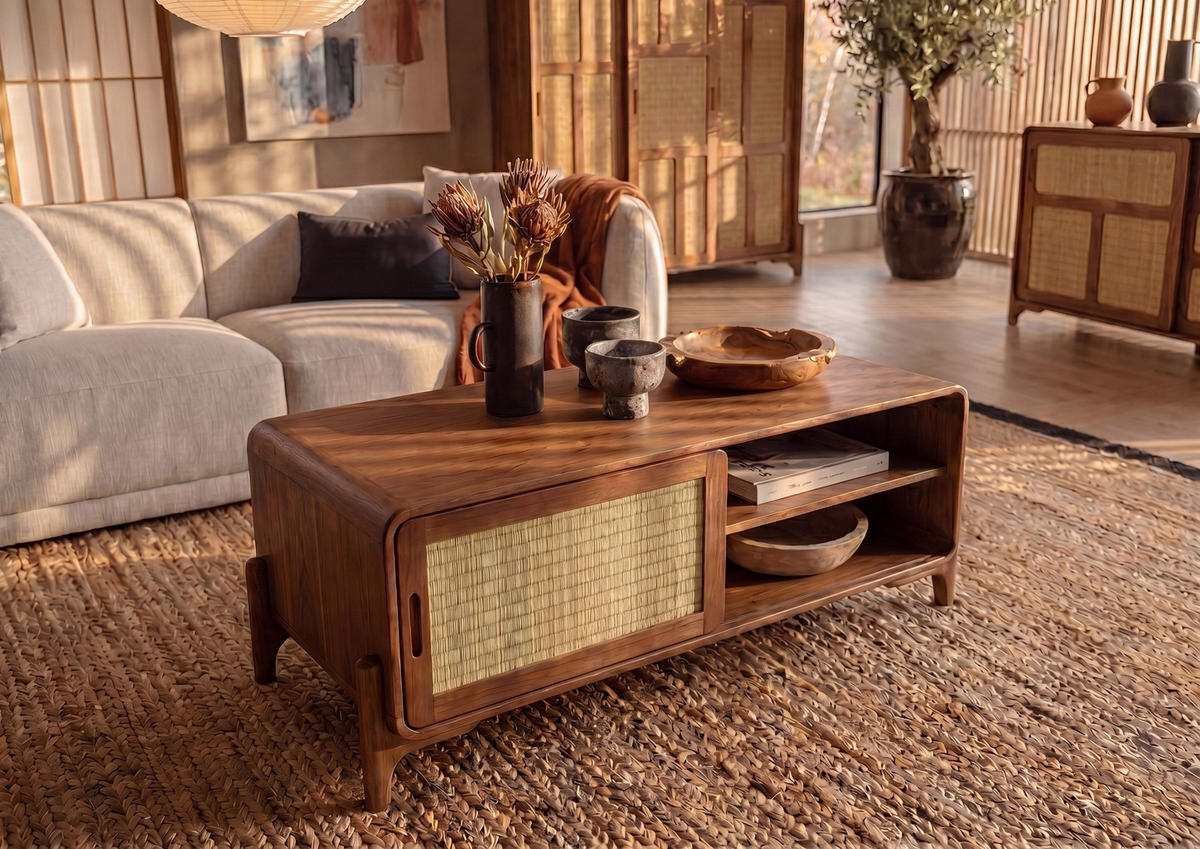 COUCHTISCH Mango/Seegras 120x70x45 hellbraun lackiert MIZUMI #115 - Braun, Holz (120/70/45cm) - Massivmoebel24