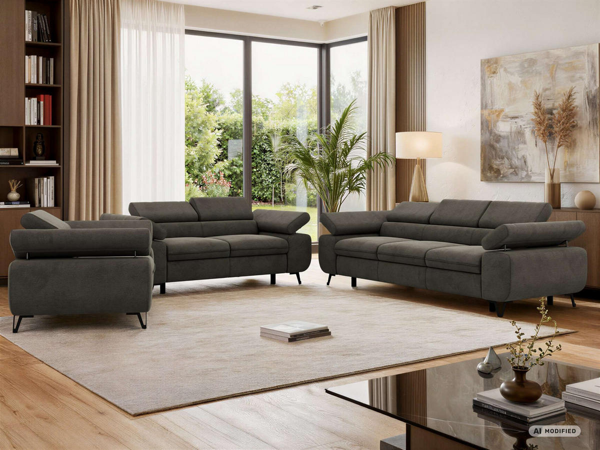 SEDACÍ SOUPRAVA PETER 1+2+3 - Tmavě šedá Samet - černá/tmavě šedá, kov/textil (262/76/99cm) - MKS