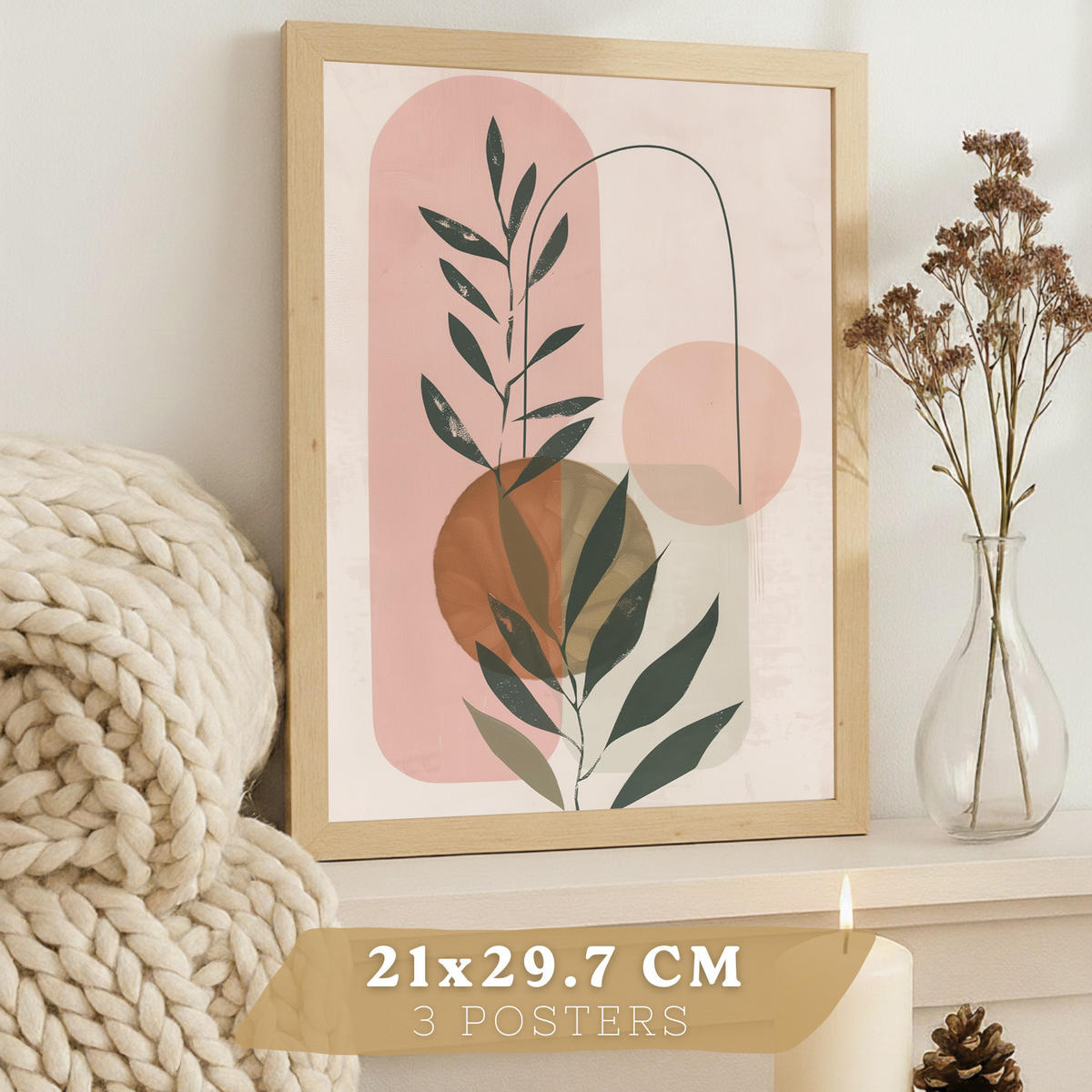 PLAKAT Sada 3 dekorativních nástěnných tisků, pastelově zelené a růžové rostliny, pro moderní dekoraci obývacího, velikost Světlý dřevěný rám A4 - béžová, papír (21/29.7/3cm) - Nacnic