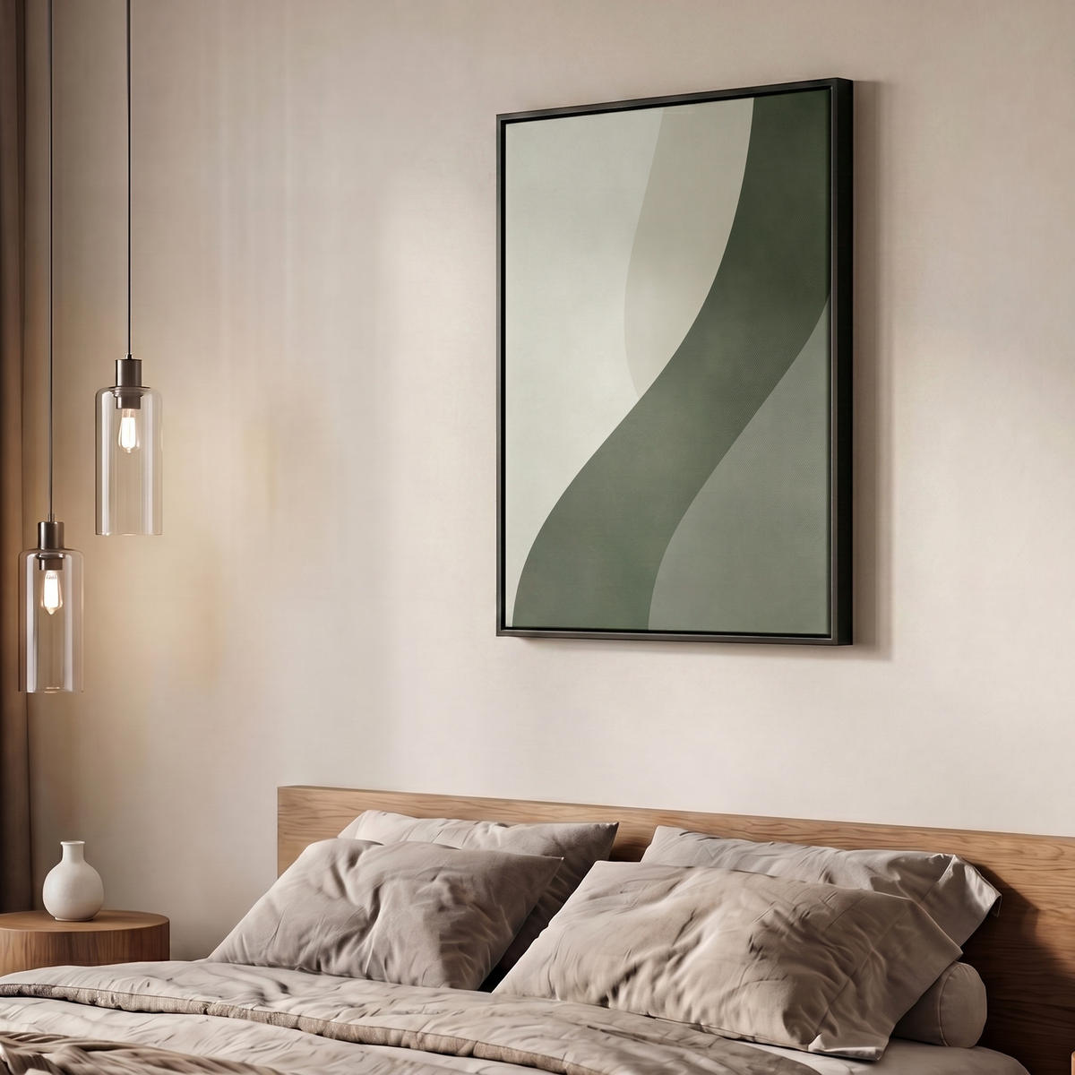 LEINWAND Bilder mit Rahmen - Japandi - Grün - Abstrakt - Modern - 50x70 - Salbeigrün, Textil (50/70cm) - MuchoWow
