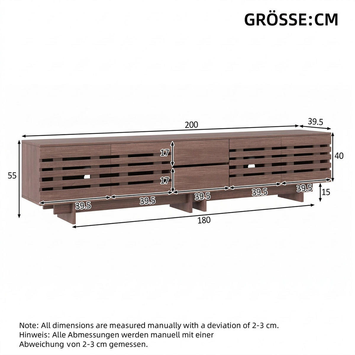 TV-SCHRANK 200/39,5/55 cm Walnuss für 80 Zoll mit 2 Schubladen und 4 Türen - Nussbaumfarben, Holzwerkstoff (200/55/39.5cm) - Oxeza