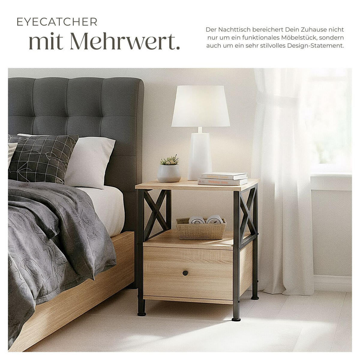 NACHTSCHRANK Falkirk, 40 x 41,5 x 55,5 cm, Industrial Holz hell, Eiche Sonoma - Naturfarben, Holzwerkstoff (40/55.5/41.5cm) - tectake