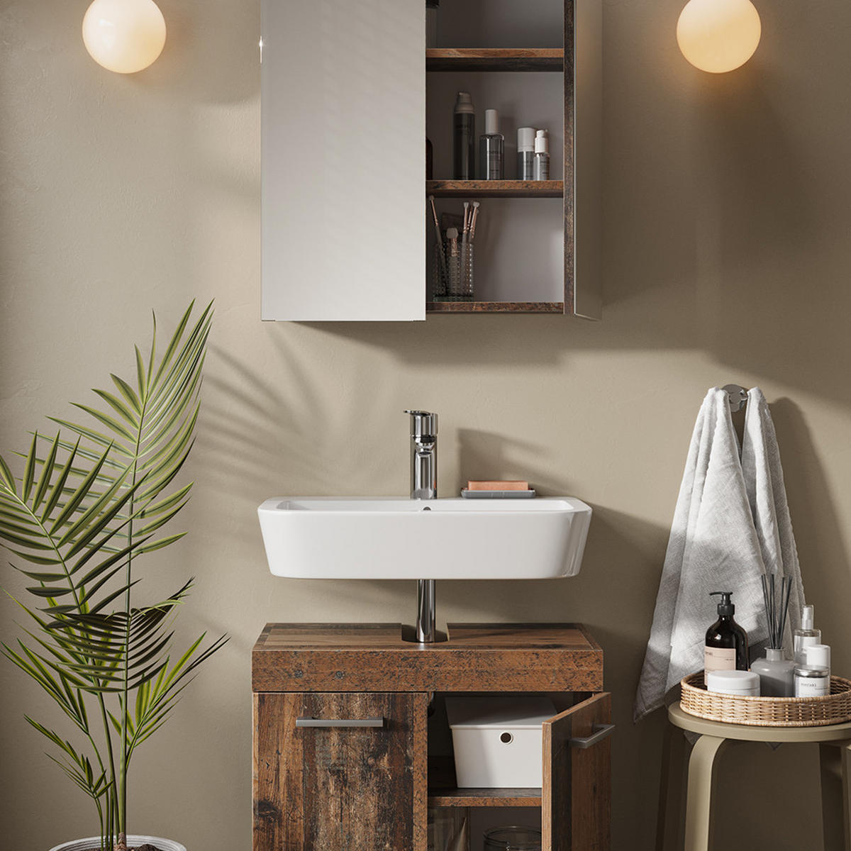 BADMÖBEL-SET Luna Oldstyle 2 Teile - Braun, Holzwerkstoff (60/56/34cm) - Vicco