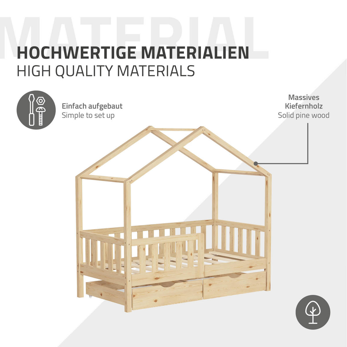 HAUSBETT 70x140 cm Natur aus Kiefernholz mit 2 Schubladen und Rausfallschutz - Beige, Holz (70/140cm) - ML-DESIGN