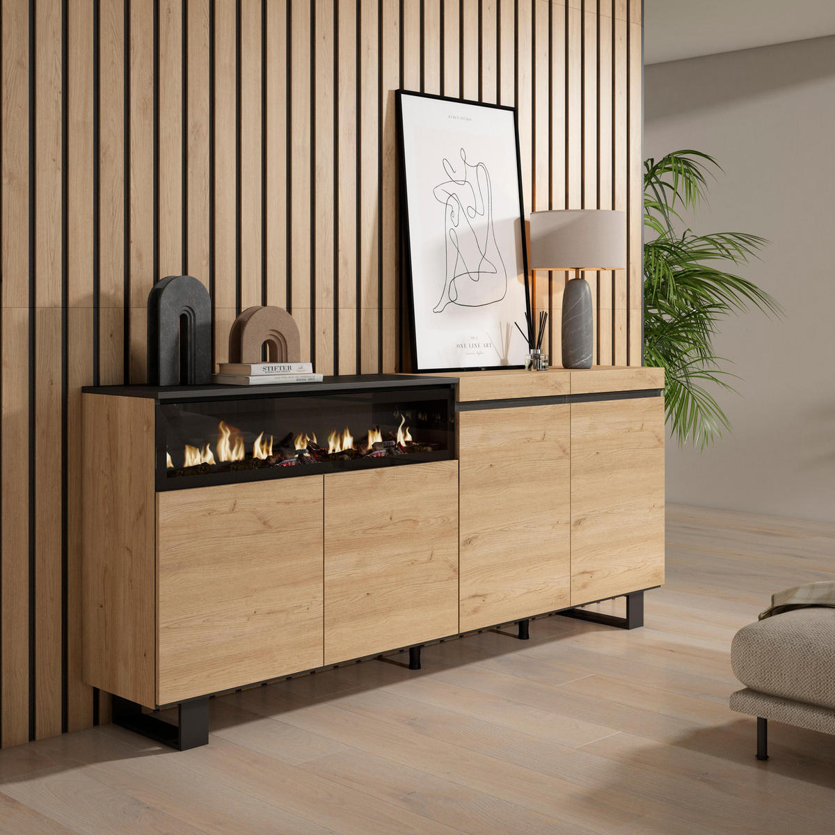 SIDEBOARD Elektrokamin, eiche, schwarz, 200/35/87cm - Multicolor, Holzwerkstoff (200/87/35cm) - Skraut Home