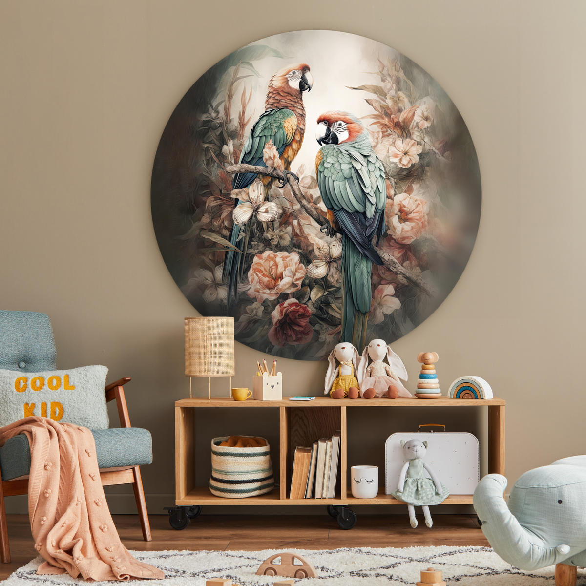 OKRUGLA ZIDNA SLIKA Papige 150x150 cm - Baltimore boja, plastika (150/150cm) - MuchoWow