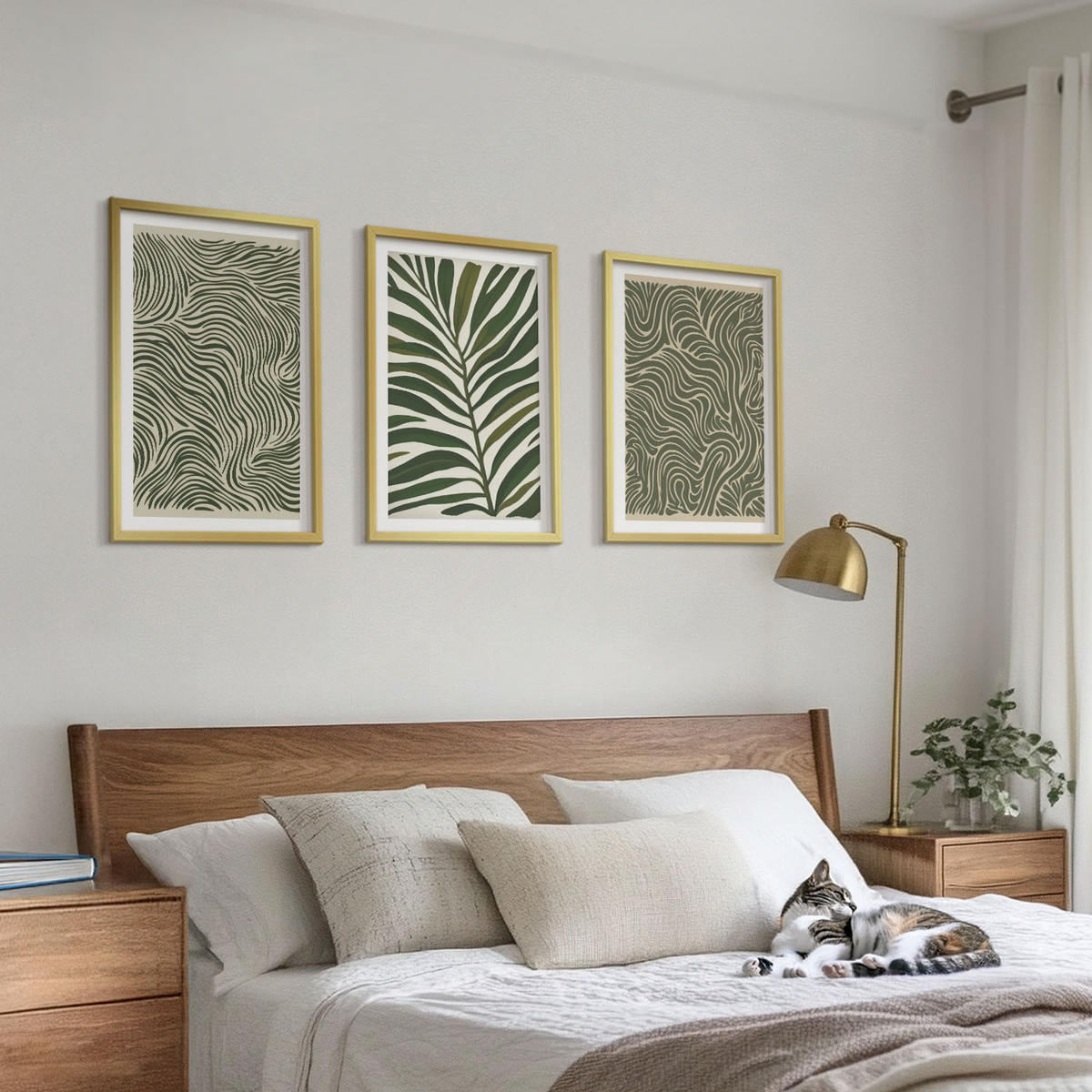 WANDBILDER 3er Set - 40x60 cm Goldrahmen - Blattmuster wellenförmige Formen - Goldfarben, Kunststoff (40/60cm) - ArtPrintCave