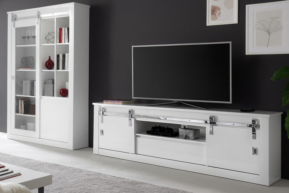 WOHNWAND weiß Hochglanz 2-teilig 349 x 201 cm, Wohnkombination inklusive LED-Beleuchtung, Soft-Close - Chromfarben/Weiß Hochglanz, Glas/Holzwerkstoff (349/201/43cm) - Furn.Design