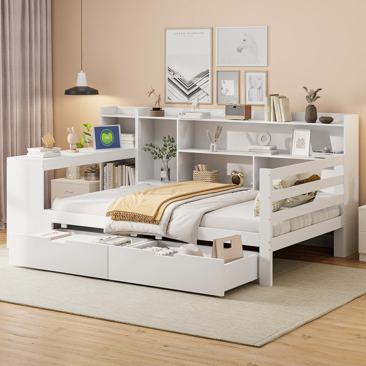 SCHLAFSOFA 90x200 cm in Weiß mit Schreibtisch, Regalen, USB-Anschlüssen und Schubladen - Weiß, Holzwerkstoff (90/200cm) - IVMEU