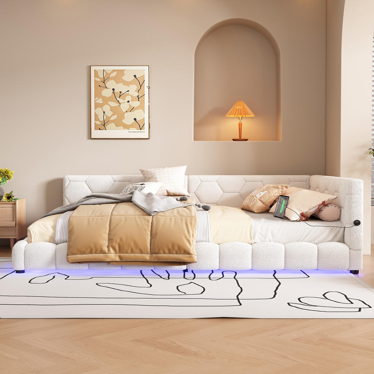 TAGEBETT 140x200cm Weiß Vliesimitat 16 Farben Umgebungslicht USB-C - Weiß, Holz (140/200cm) - FLIEKS