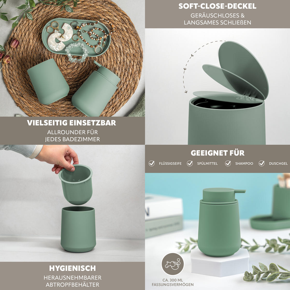 BAD-ACCESSOIRES-SET TESERO, Soft-Touch, grün - Grün, Kunststoff (22.5/25.5/25cm) - eluno
