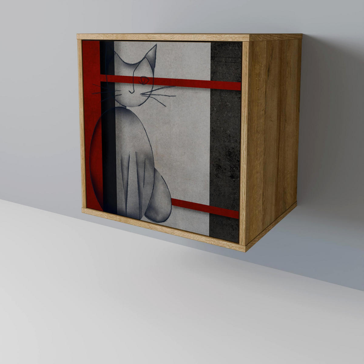 SIDEBOARD GRAY FIGURES, Eichefarben, 57,5x42x67,5 cm, Schwarze Metall-Rahmenfüße - Eichefarben/Multicolor, Holzwerkstoff/Metall (57.5/67.5/42cm) - SpaceRebels