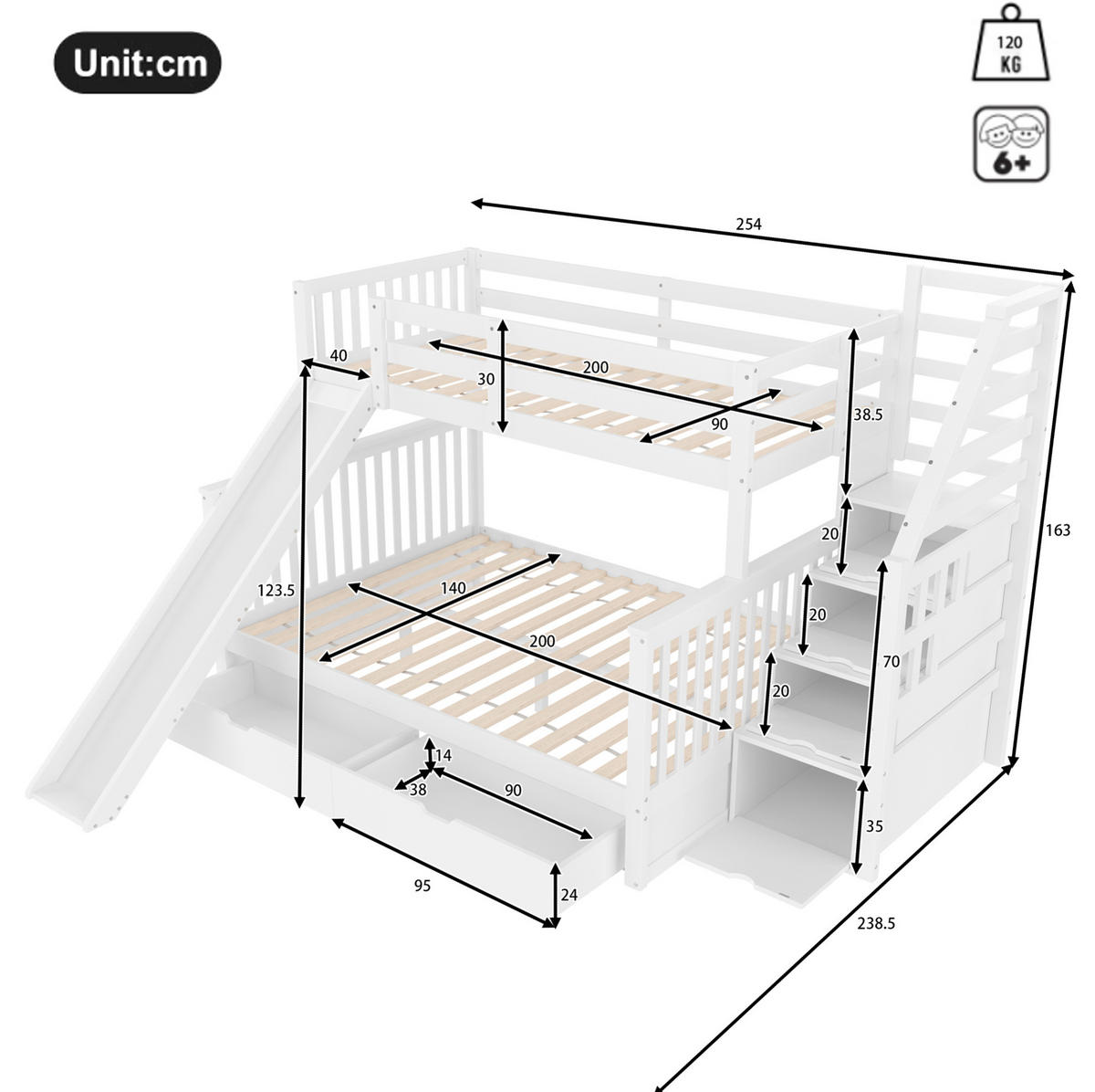 ETAGENBETT 90/200 über 140/200 cm mit Rutsche, 2 Schubladen und Stauraum aus Kiefer/MDF, Antikweiß - Weiß, Holzwerkstoff (90/200cm) - Redom