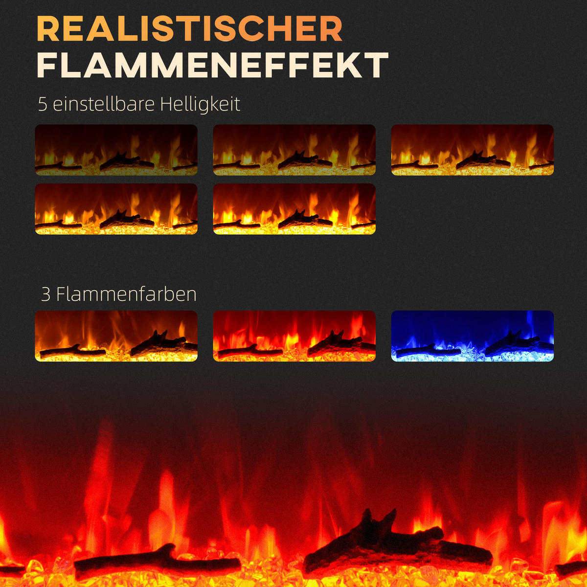 ELEKTROKAMIN mit LED Flammeneffekt,1800 W Wandkamin mit Kristalle, in 3 Farben - Schwarz, Metall (15.8/45/91.4cm) - HOMCOM