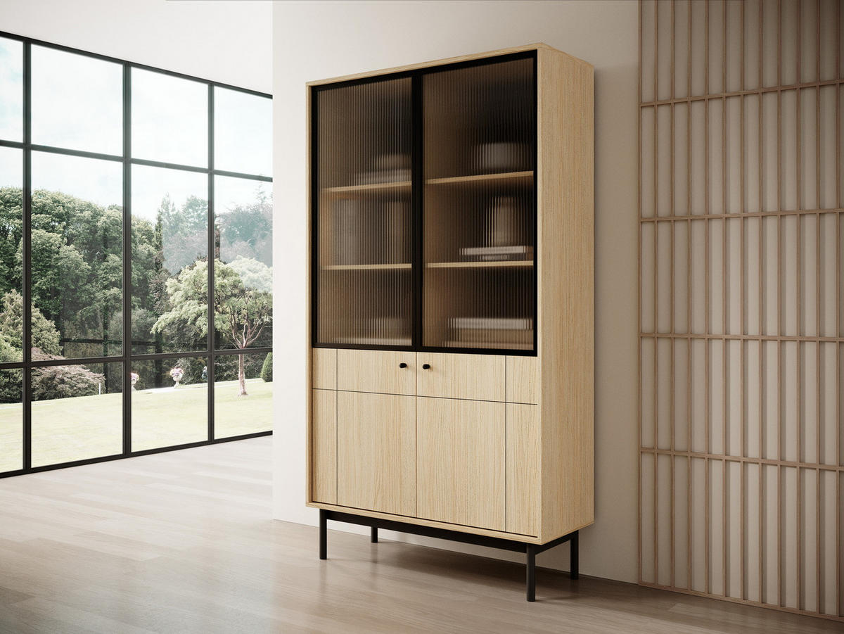 VITRINE 100 cm Lunaris 2 Türen, geriffelter Glasfront, Eiche Linea - Eichefarben, Holz (103/185/39cm) - Emporius