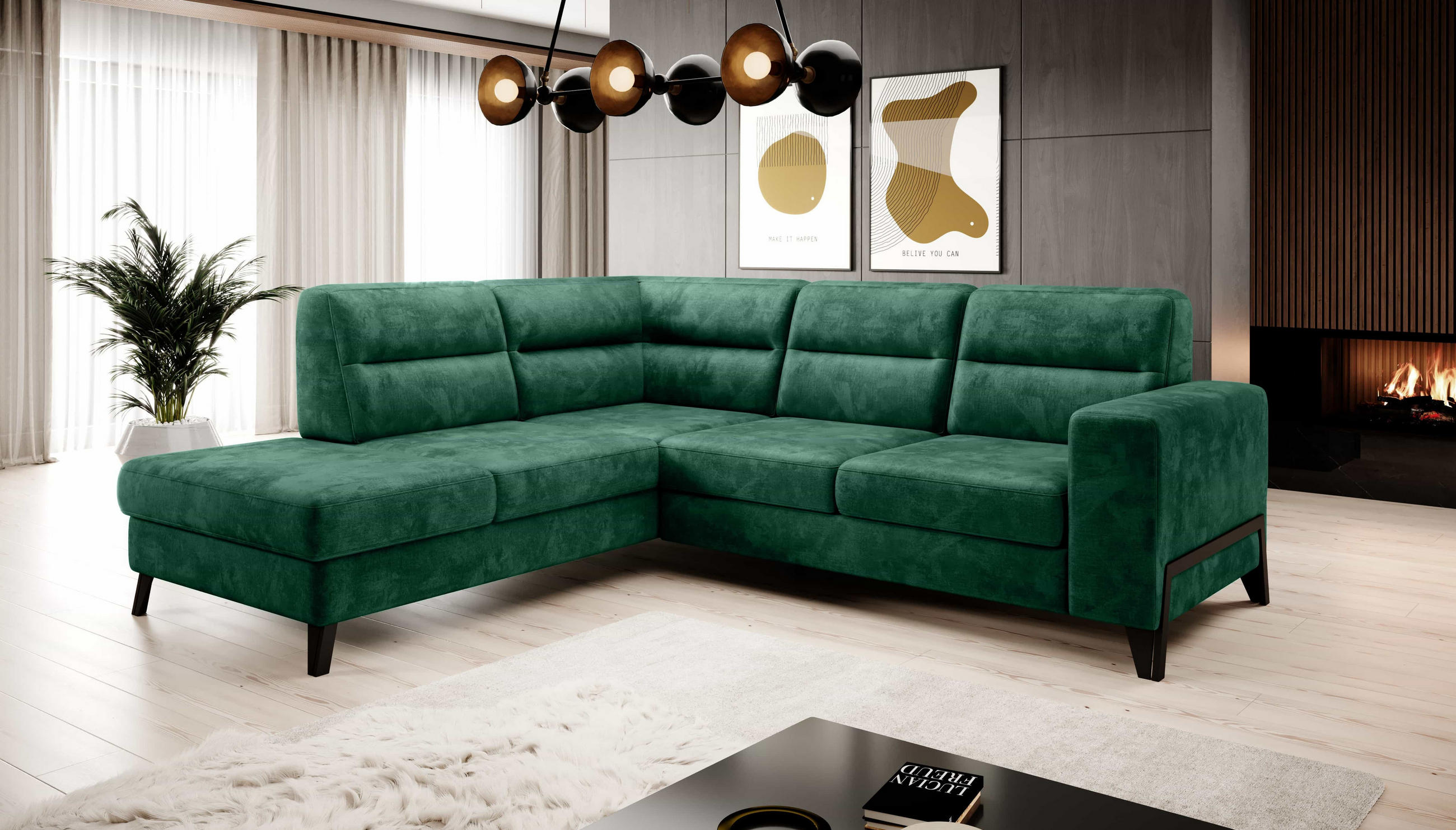 ECKSOFA mit Schlaffunktion & Bettkasten, luxus Nube-Stoff - Dunkelgrün/Schwarz, Textil/Metall (277/237cm) - Eltap