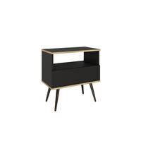 NACHTTISCH FORNO (Schwarz, Goldene Details, 1 Schublade, offenes Fach, schwarze Metallfüße) - Schwarz, Holz/Holzwerkstoff (54/59/39cm) - Ravio