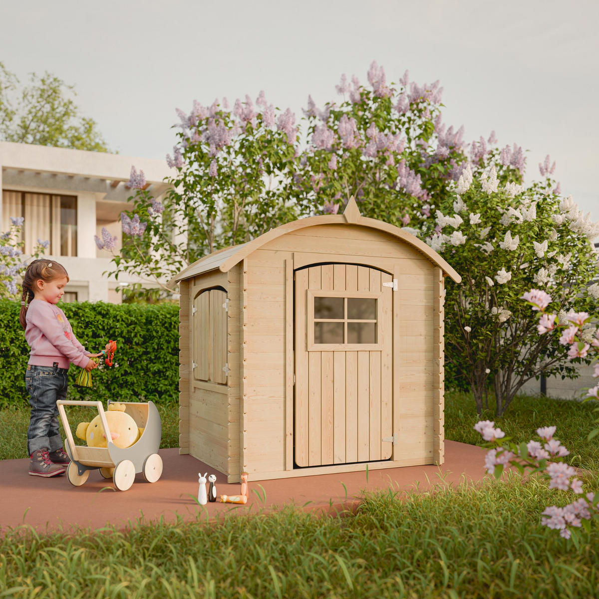 KINDERSPIELHAUS aus Holz - B112xL146xH145 cm/1,1m2 - M505-1 - Beige, Holz (146/145/112cm) - Timbela