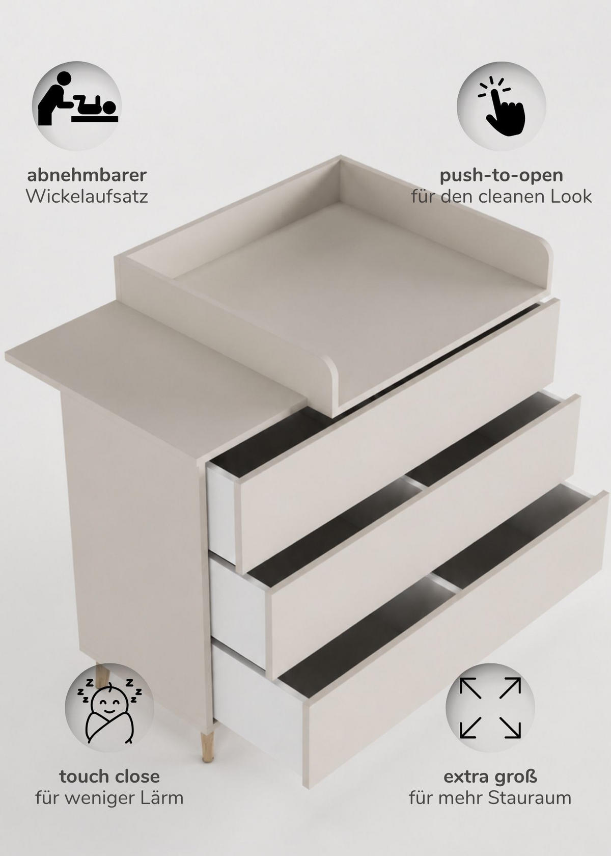WICKELKOMMODE EDEN – Push-to-Open, Touch-Close, abnehmbarer Wickelaufsatz & Schubladen mit Fächern - sahara dust - Buchefarben/Sahara, Holzwerkstoff/Buchenholz (71/94/114cm) - Sämann – make a difference.