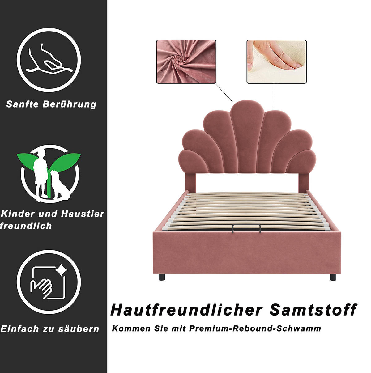 POLSTERBETT 90/200 cm Rosa aus Samt mit Stauraum - Pink, Textil (90/200cm) - OKMYHOME