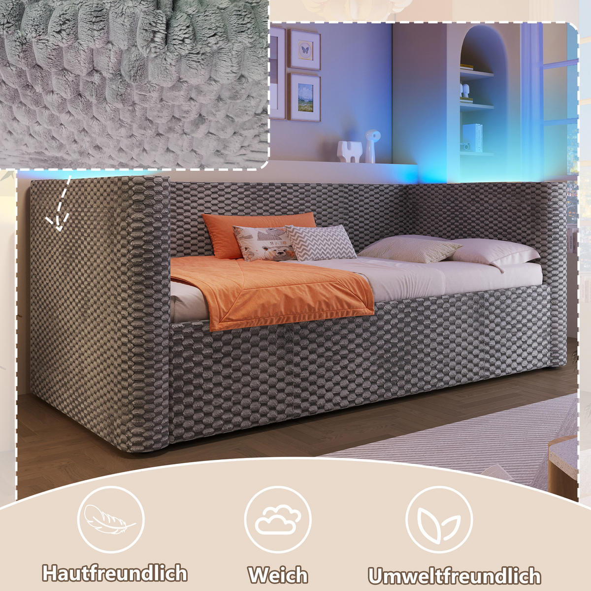 TAGEBETT 90x200cm Grau Samt LED-Licht Hydraulik Stauraum - Grau, Holz (90/200cm) - FLIEKS