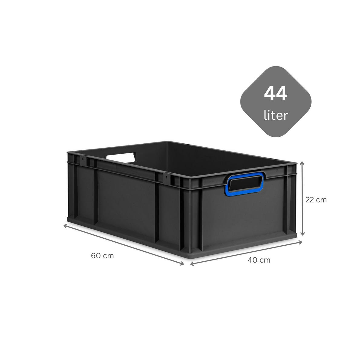 EUROBOX 4x NextGen Color mit Auflagedeckel 22x40x60 cm 44 Liter Schwarz Griffe blau offen - Blau/Schwarz, Kunststoff (40/22/60cm) - PROREGAL
