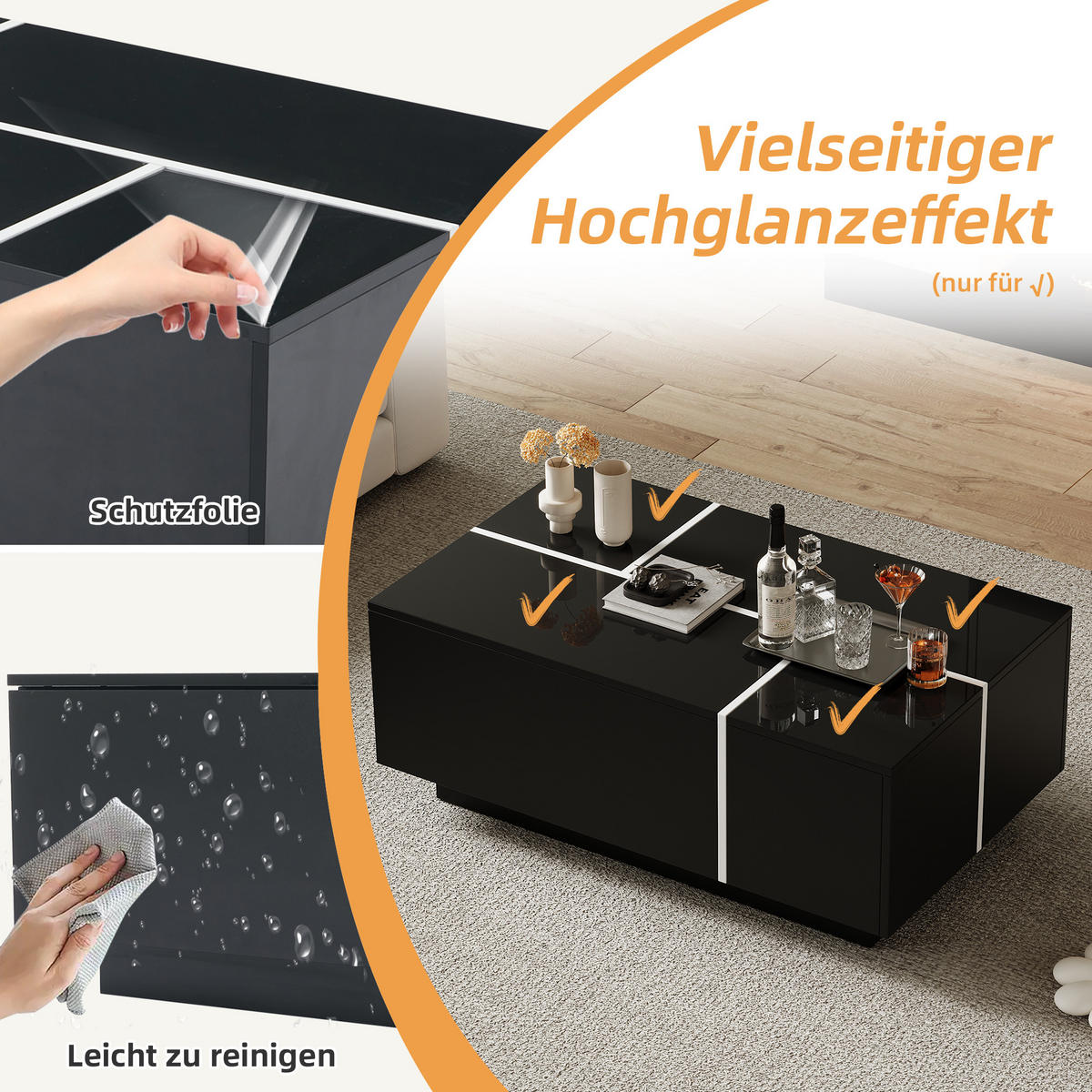 COUCHTISCH 100/60/40 cm schwarz mit 4 Schubladen und Hochglanzoberfläche - Schwarz, Holzwerkstoff (100/60/40cm) - OKWISH